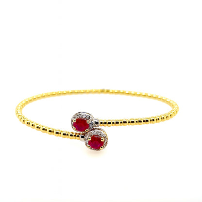 14 Karat Two-Tone Diamond and Ruby Wrap Bangle Bracelet with Oval-Shaped Rubies - 0.98 Carats