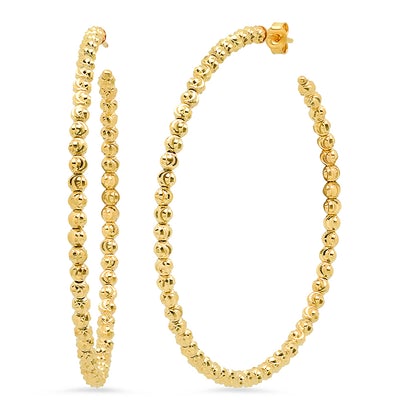 Gold Plated Sterling Silver Fancy Bead Hoop Earrings - 3mm