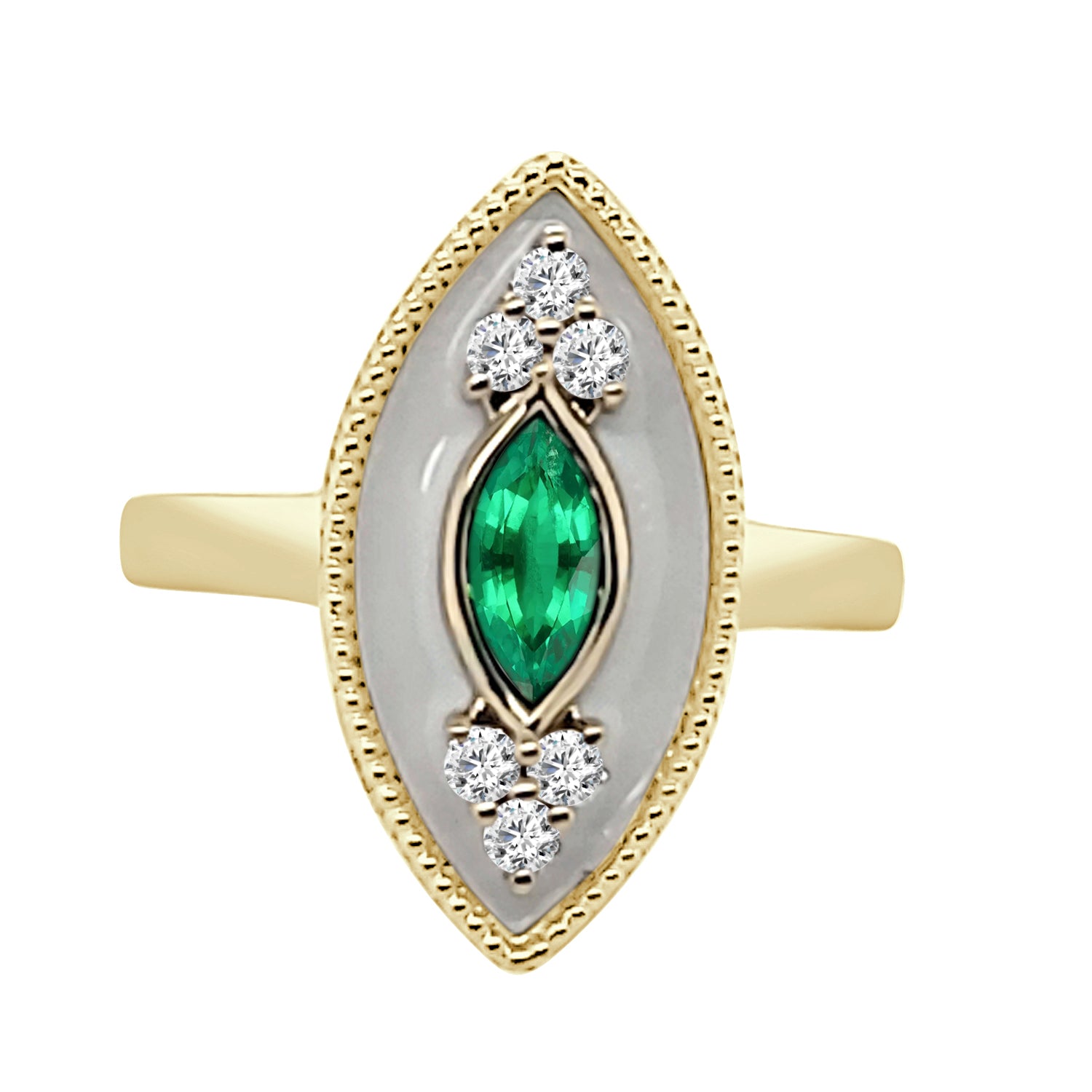 Regalia White Enamel Marquise Halo Ring in 14 Karat Yellow Gold with Tourmaline 0.32