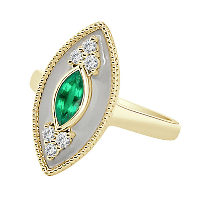 Regalia White Enamel Marquise Halo Ring in 14 Karat Yellow Gold with Tourmaline 0.32