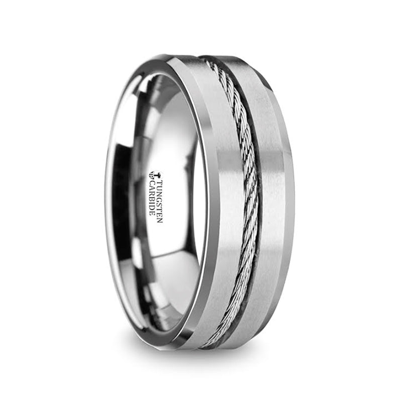 Lannister Tungsten Carbide Wedding Band with Flat Steel Wire Inlay