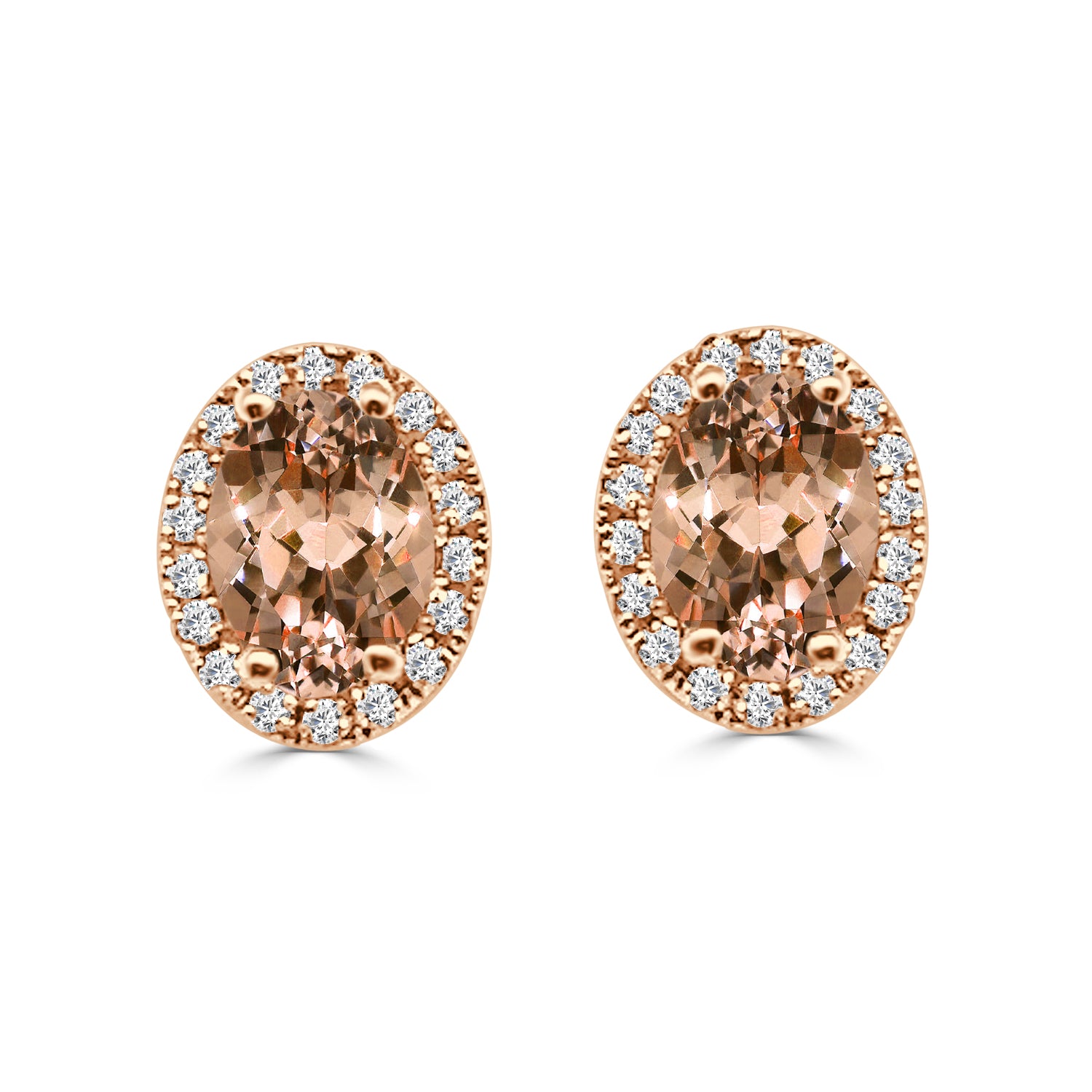14K Rose Gold Morganite and Diamond Halo Earrings with Oval-Shaped 1.35 Carat Morganite