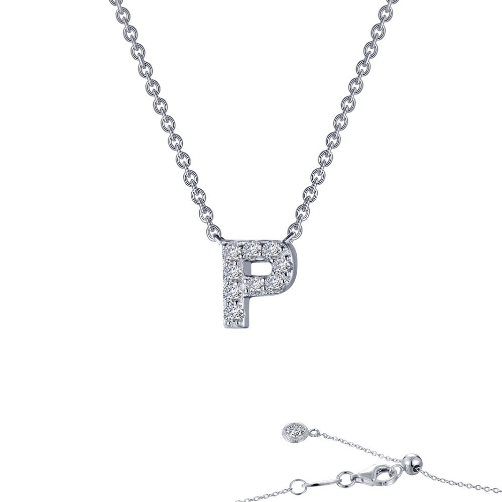 Platinum Coated Sterling Silver Block Letter P Necklace with Lassaire 0.37 ct Accent