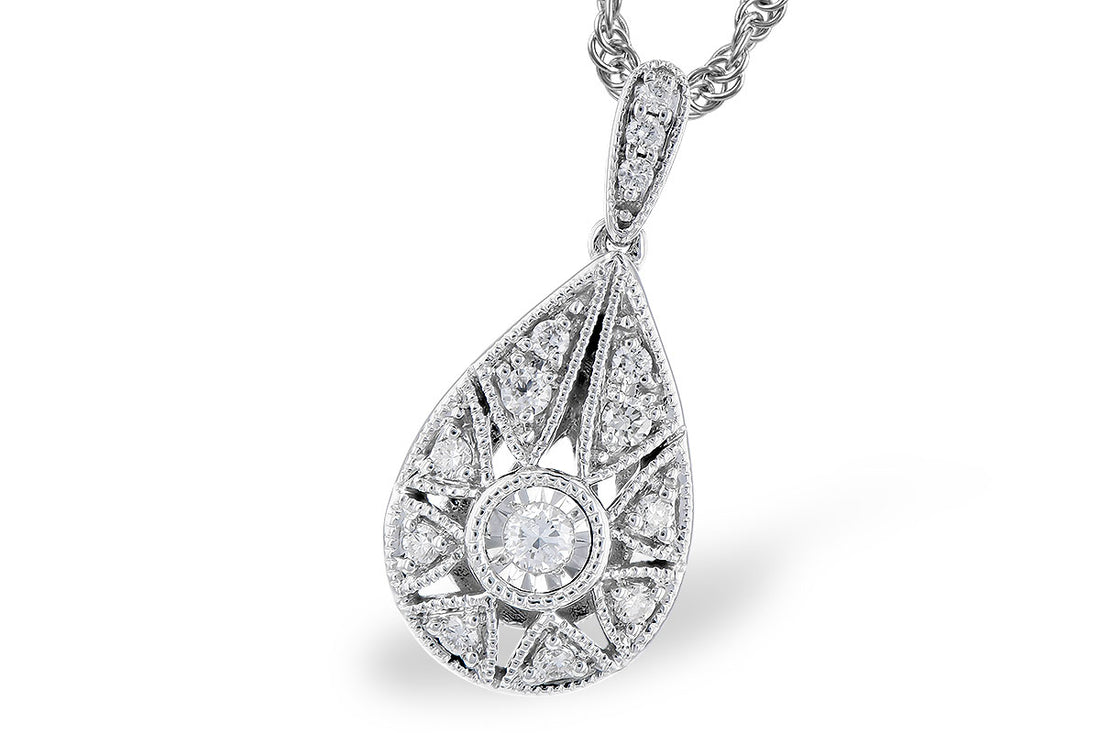 Vintage Filigree Pear Diamond Necklace in 14K White Gold - 0.12 ct Natural Diamond