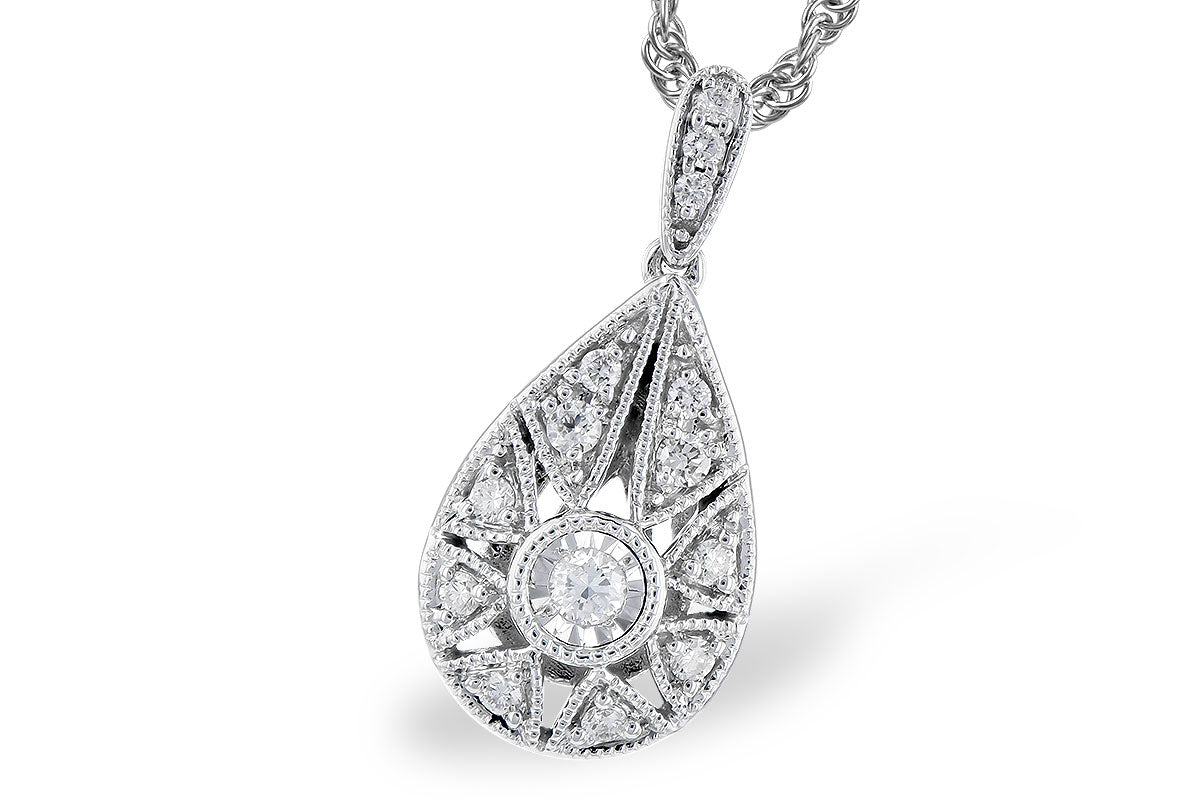 Vintage Filigree Pear Diamond Necklace in 14K White Gold - 0.12 ct Natural Diamond