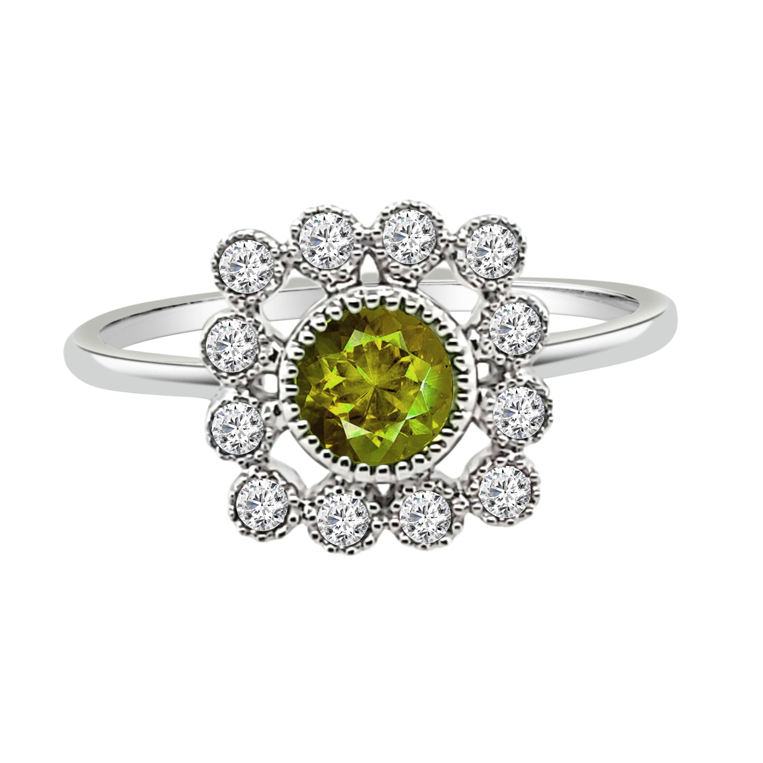 Milgrain Bezel Halo Peridot Ring in 14 Karat White Gold with 0.50 Carats