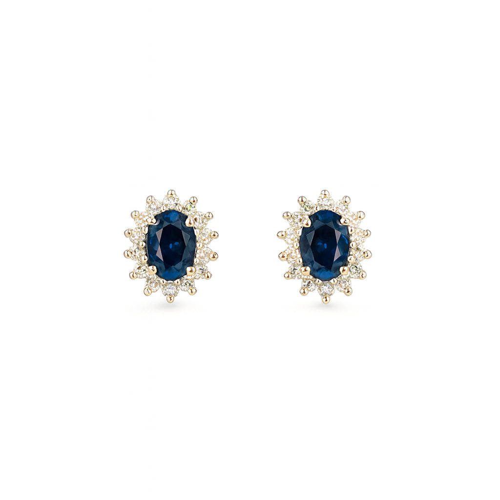 14K Yellow Gold Halo Studs with Blue Sapphire Oval Shape Earrings - 0.55 ct