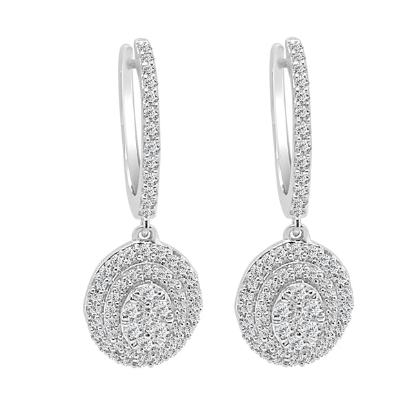 10 Karat White Gold Oval Halo Cluster Drop Earrings with 0.75 Natural Diamond