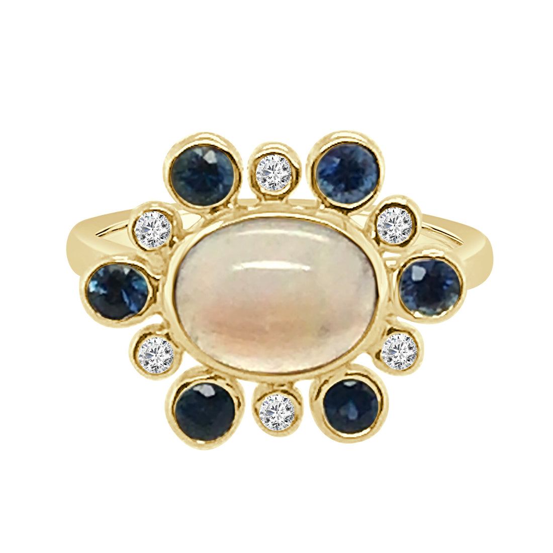 14K Yellow Gold Moonstone Ring with Alternate Sapphire and Diamond Halo Featuring Oval Cabochon