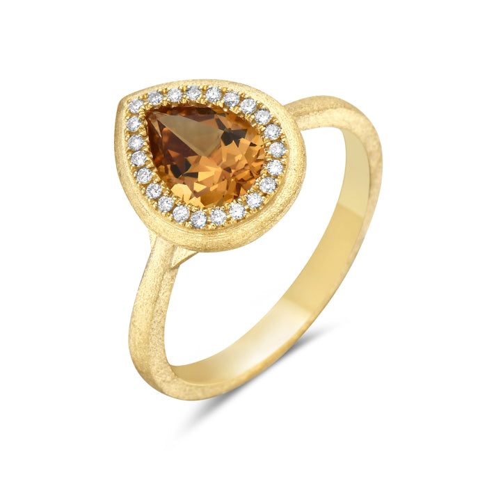 Satin Finish 14K Yellow Gold Citrine Pear Shape Ring - 0.91 Carats