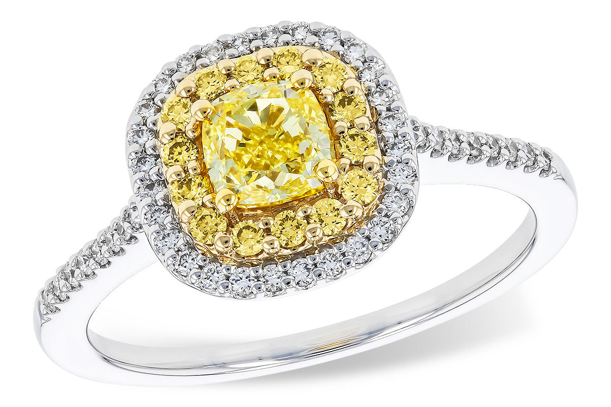 Fancy Color Yellow Diamond Cushion Ring with Double Halo in 14 Karat Two-Tone Gold (0.50 carats)