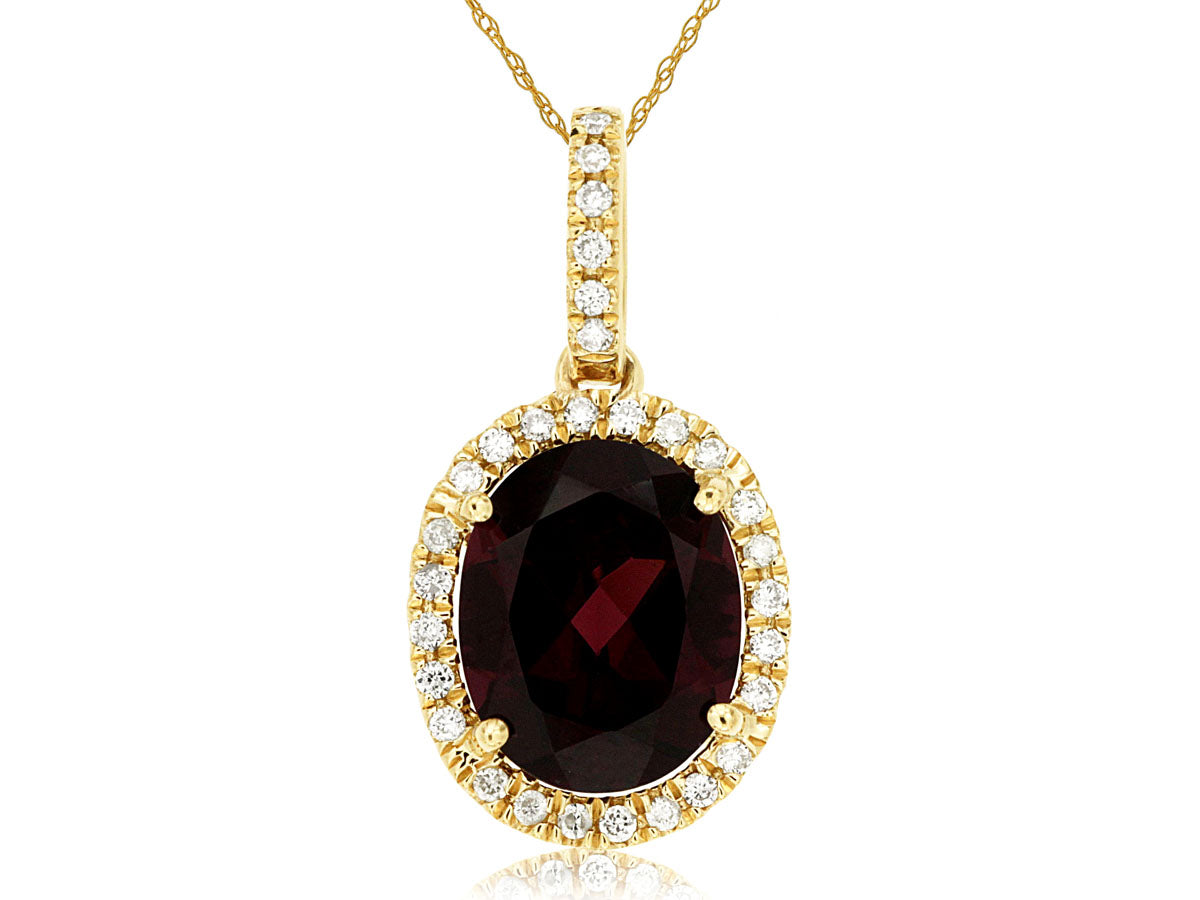 14K Yellow Gold Halo Garnet Necklace with Oval Diamond Bail - 2.80 ct