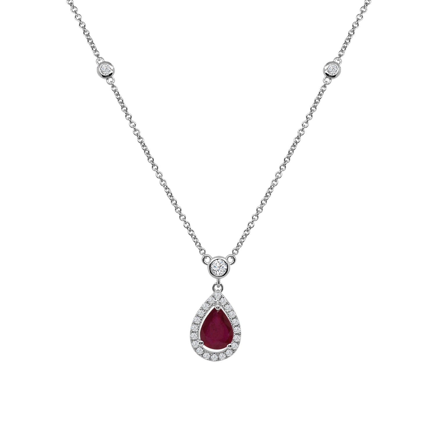 Ruby Pear Halo Drop Necklace in 14 Karat White Gold - 1.12 Carat