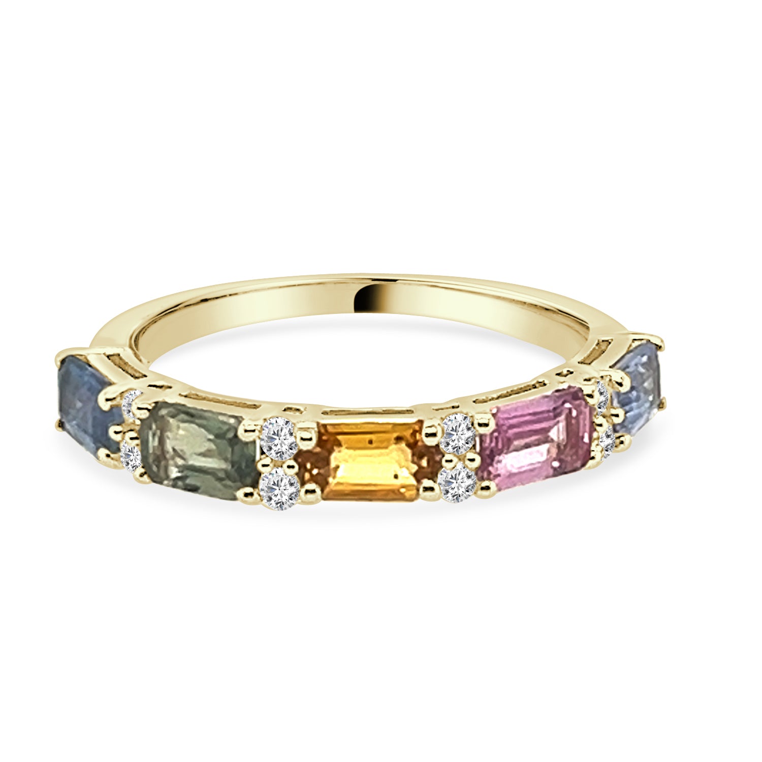 Sure! How about Emerald Cut Multicolor Sapphire and Diamond Ring in 14K Yellow Gold - 1.80 carats?