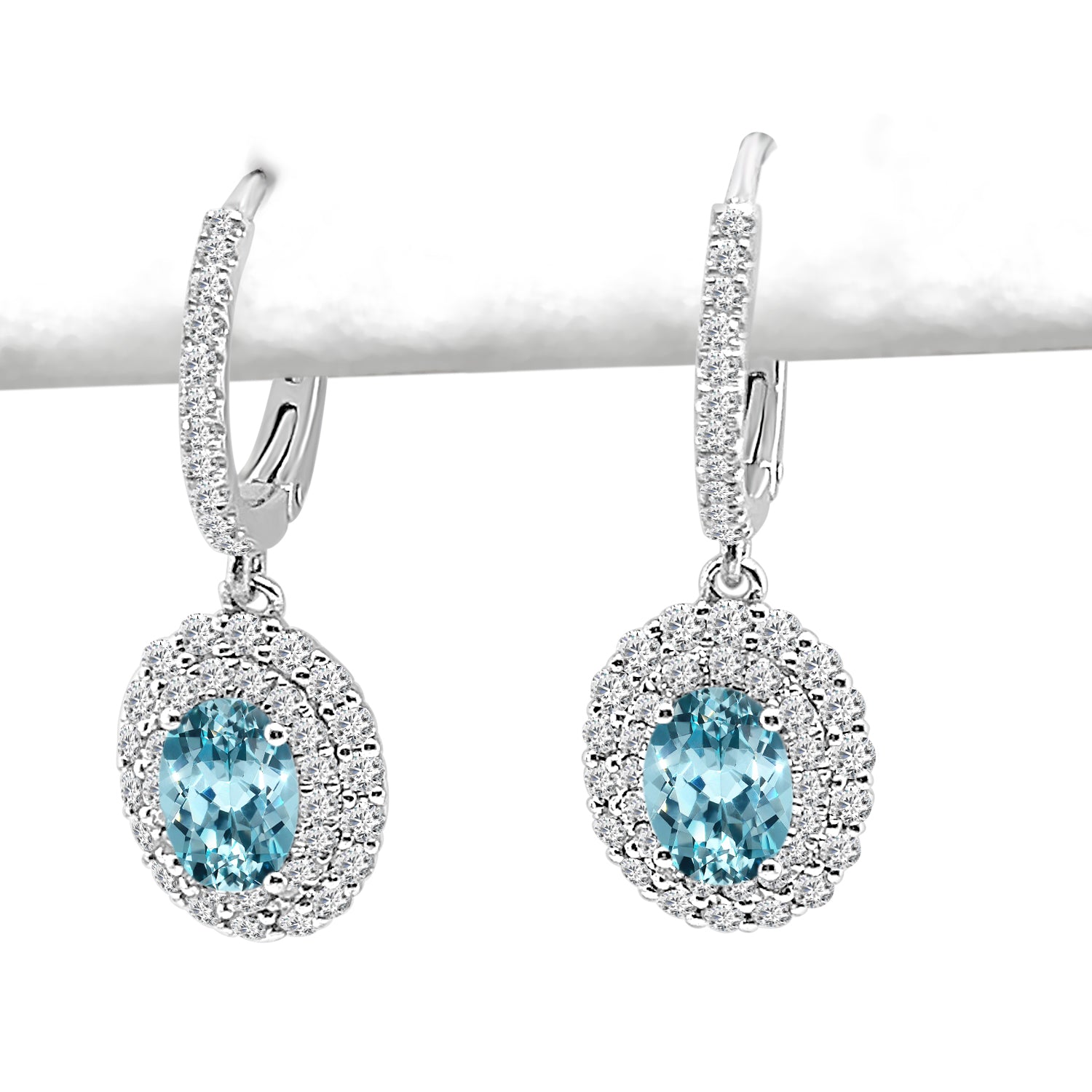 14K White Gold Aquamarine Oval Dia Hoop Earrings with Double Halo Design - 1.35 Carats