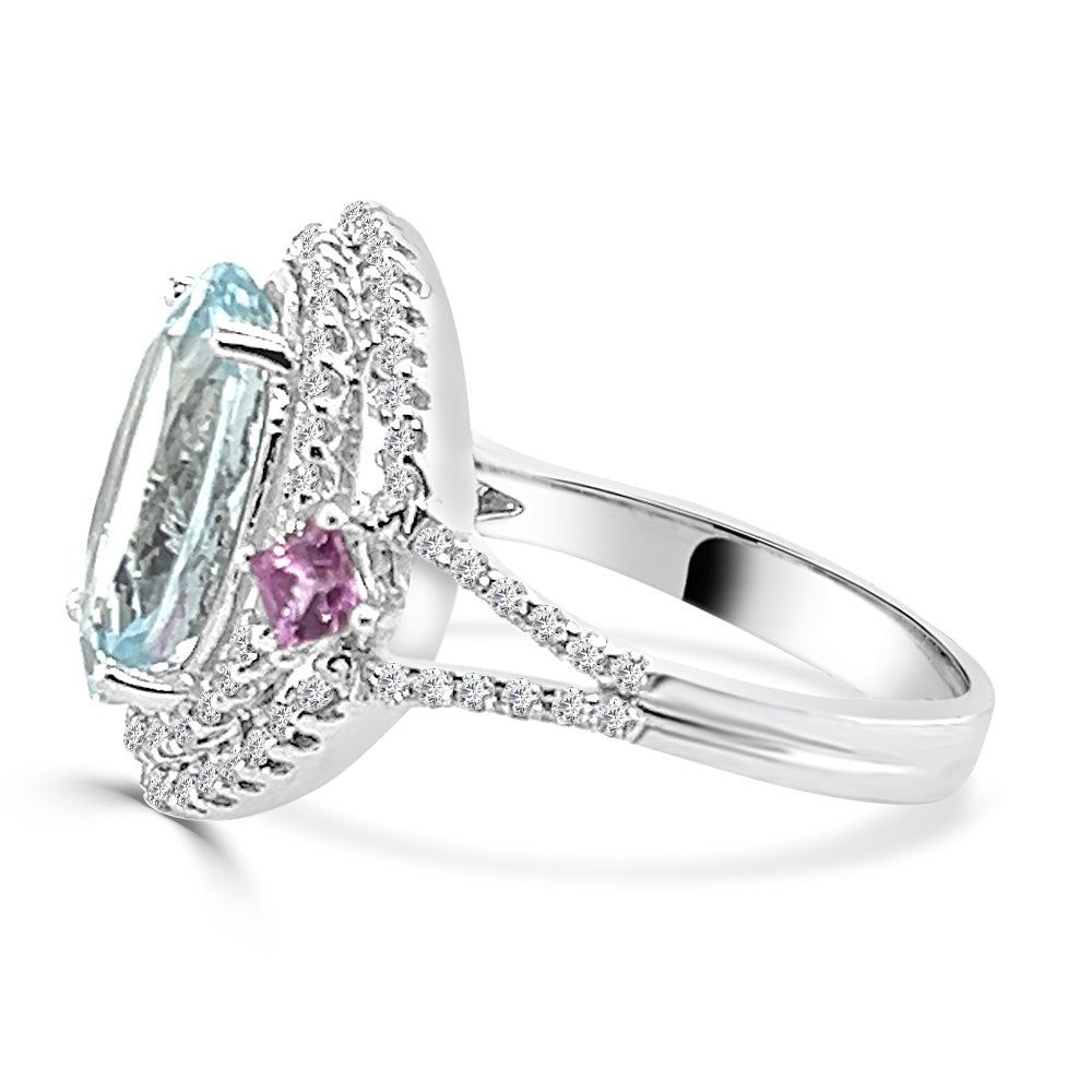 14K White Gold Oval Aquamarine Ring with Split Shank Halo Design - Size 4.25