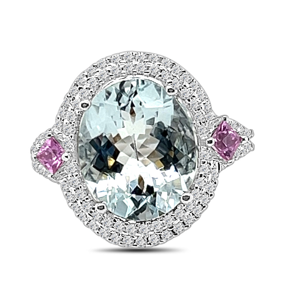 14K White Gold Oval Aquamarine Ring with Split Shank Halo Design - Size 4.25