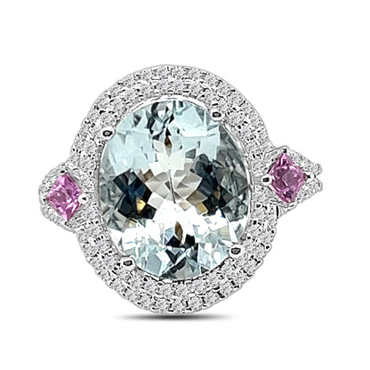 14K White Gold Oval Aquamarine Ring with Split Shank Halo Design - Size 4.25