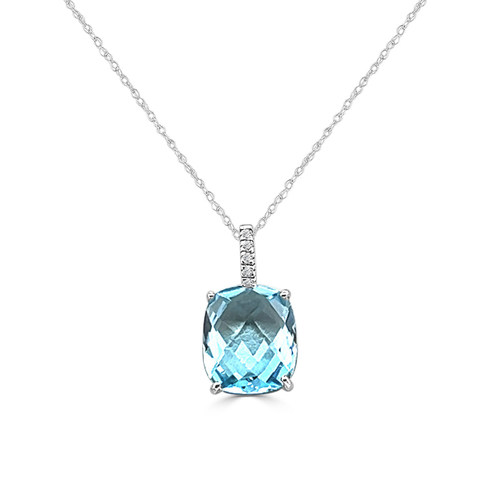 Swiss Blue Topaz and Diamond Cushion Shape Necklace in 14 Karat White Gold with 7.00 Carat Blue Topaz