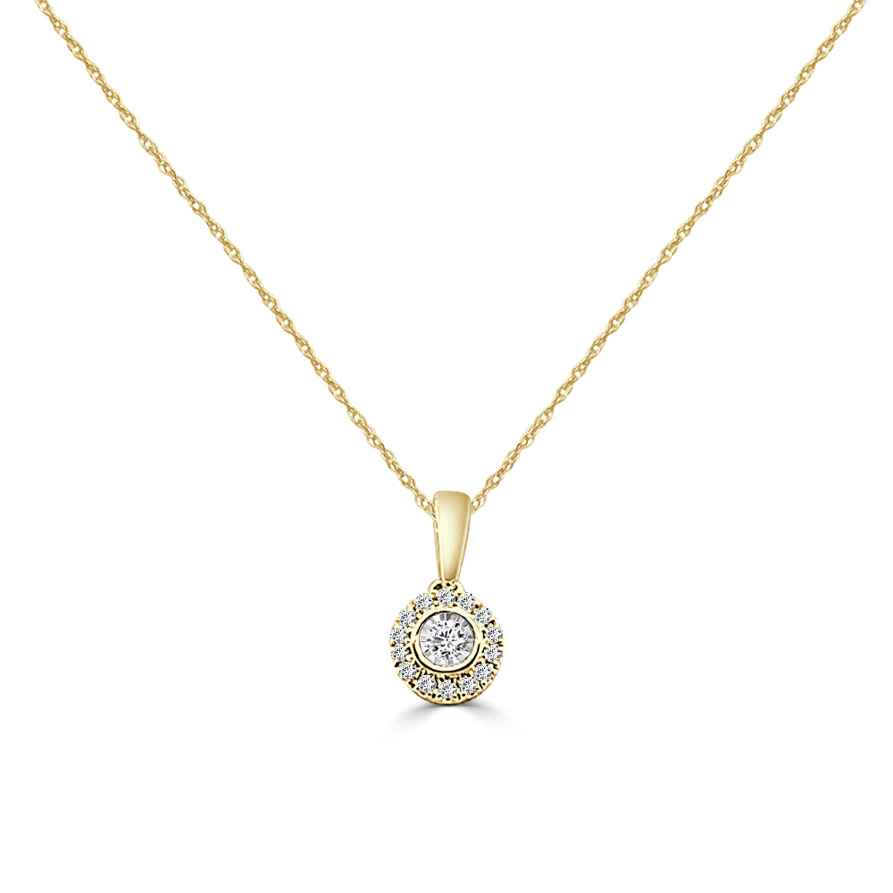 10K Yellow Gold Illusion Set RBC Necklace with Halo Featuring 0.13ct Natural Diamond Round Shape