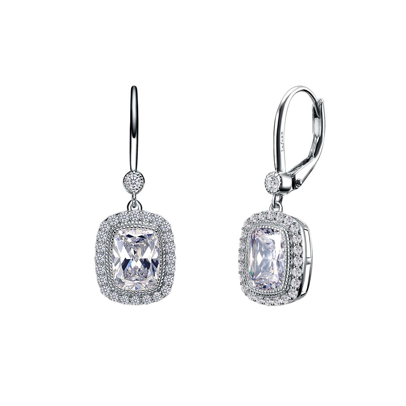 Platinum Coated Sterling Silver Leverback Halo Earrings with Lassaire 4.46 carat Cushion-Cut Stones