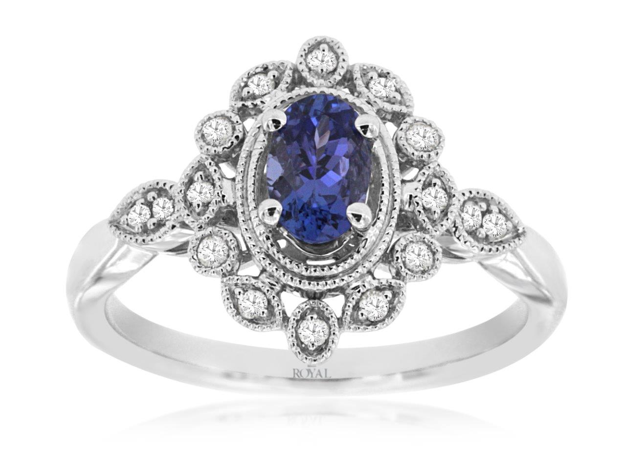 14K White Gold Tanzanite and Diamond Ring with Oval Tanzanite - 0.50 Carats