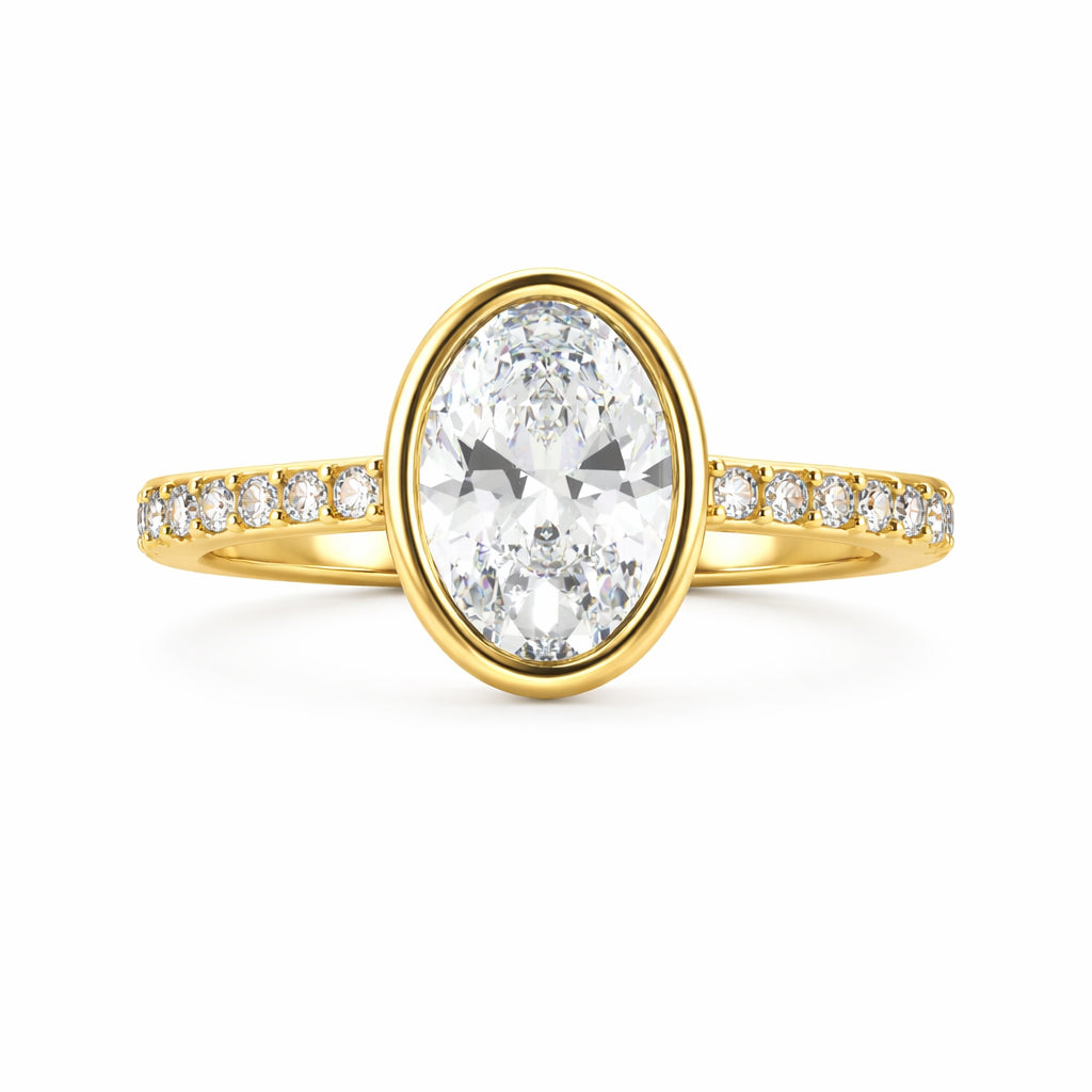 Sure! How about Oval Bezel Lab Diamond Engagement Ring in 14 Karat Yellow Gold?