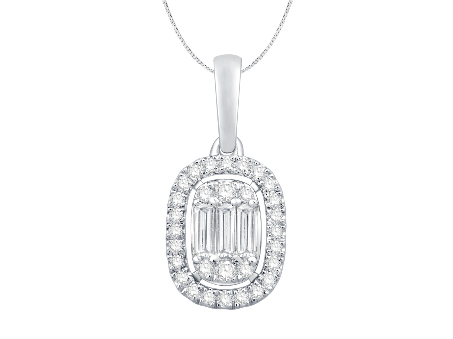 Dazzling Baguette Halo Necklace in 10 Karat White Gold with Natural Diamond 0.33 ct