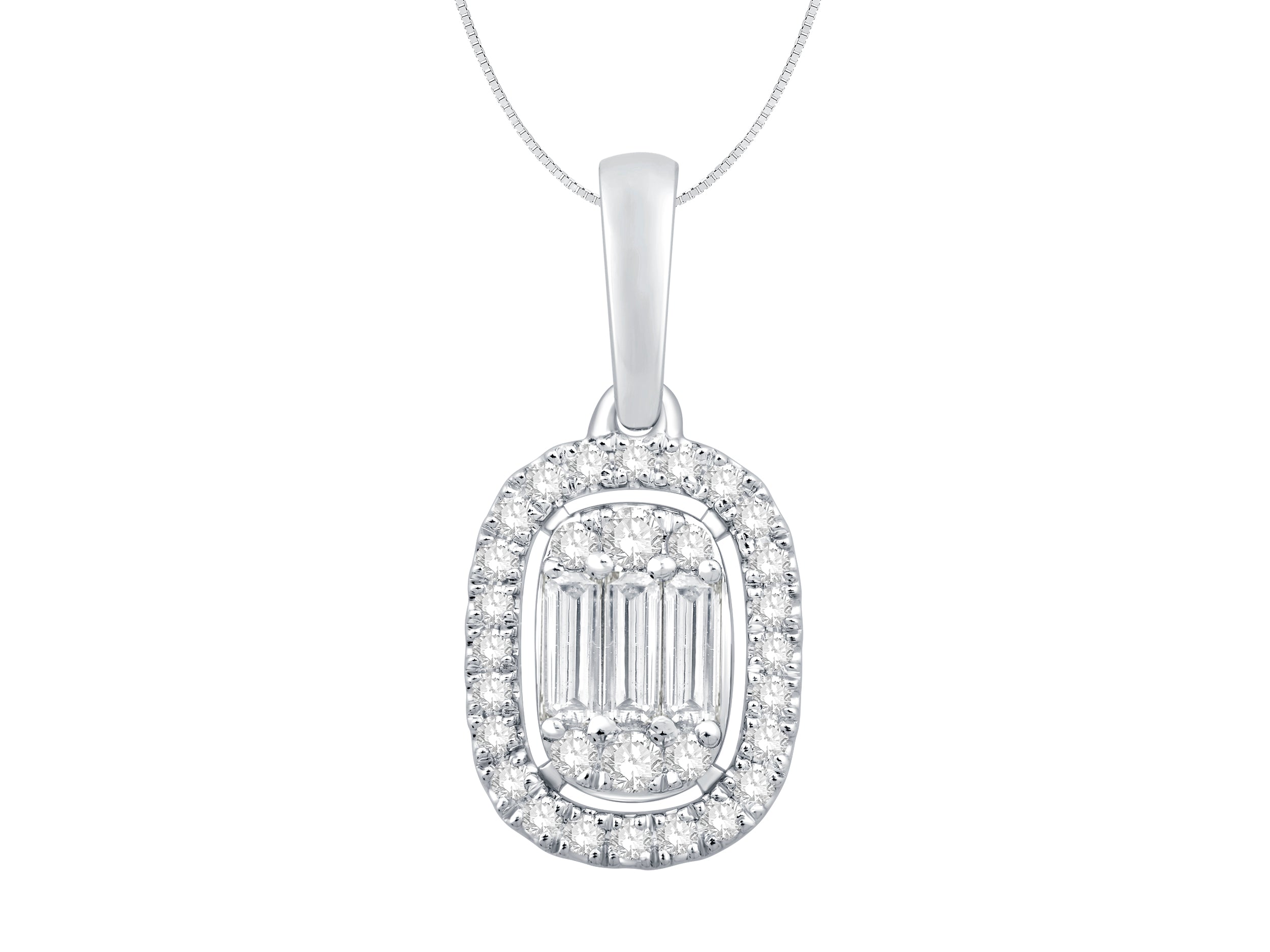 Dazzling Baguette Halo Necklace in 10 Karat White Gold with Natural Diamond 0.33 ct