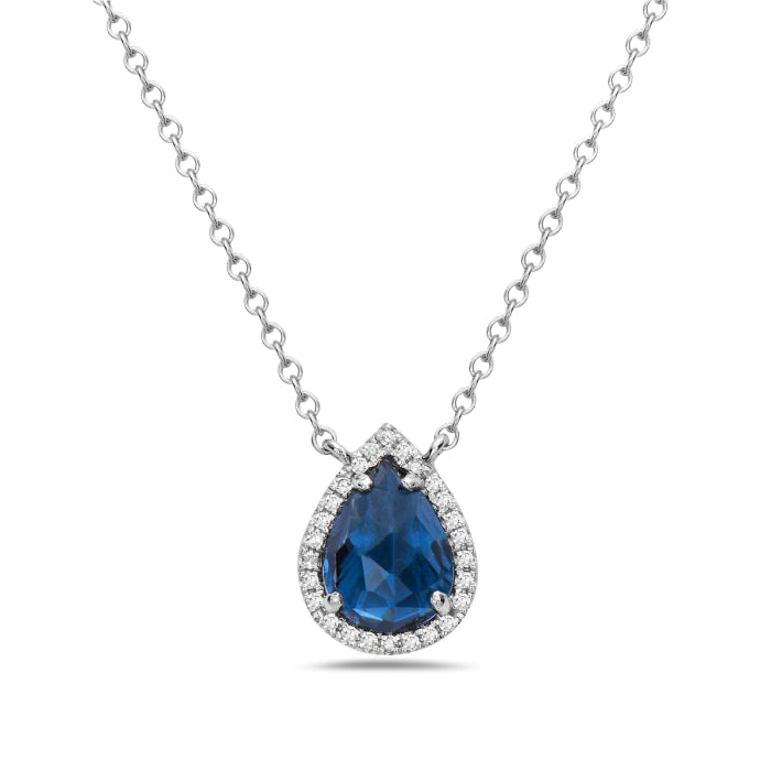 14 Karat White Gold Blue Topaz Halo Checkerboard Pear Necklace - 1.43 Carats