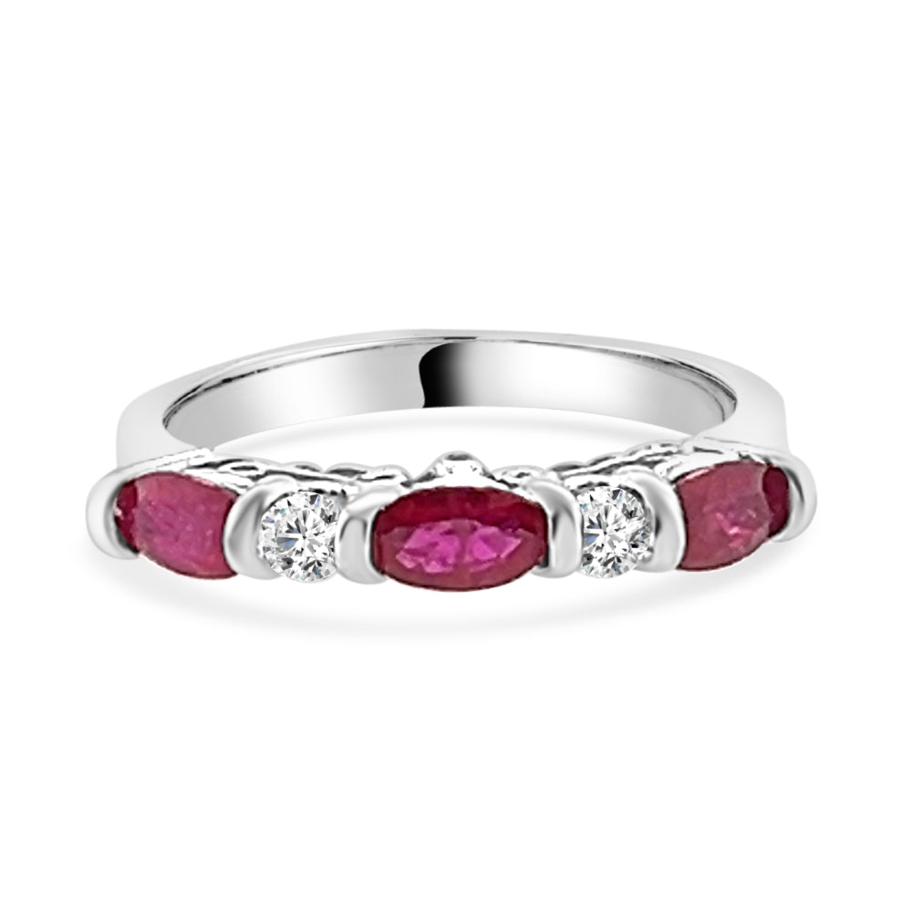 Oval Diamond and Ruby Chanel Set Ring in 14 Karat White Gold - Oval Ruby Band - 1 Carat