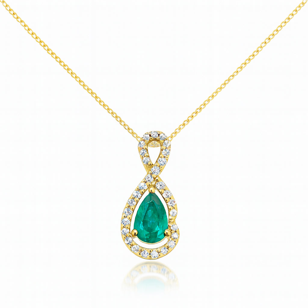 Emerald Halo Necklace in 14 Karat Yellow Gold, Pear Shape - 0.30 Carat