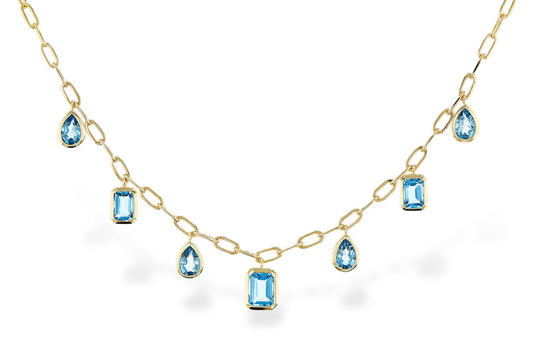 14K Yellow Gold Blue Topaz Station Necklace - Stunning 4.10 Blue Topaz Pendant
