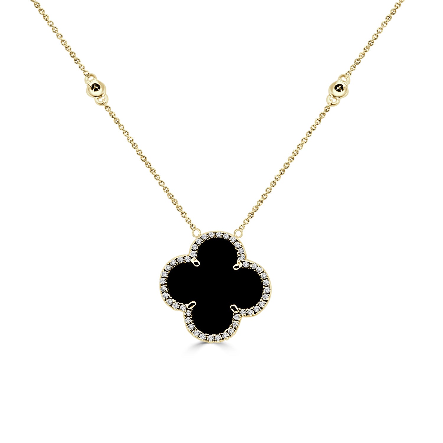 14K Yellow Gold Onyx Station Chain Necklace with Black Cover Pendant - 2.73 Carats
