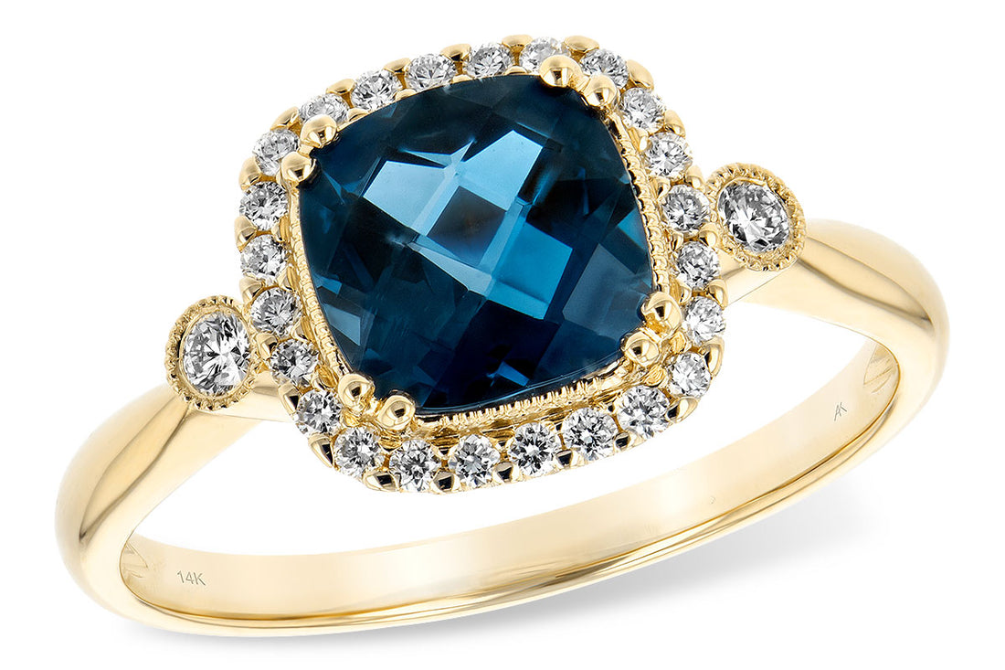 14K Yellow Gold London Cushion Halo Blue Topaz Ring - 1.62ct