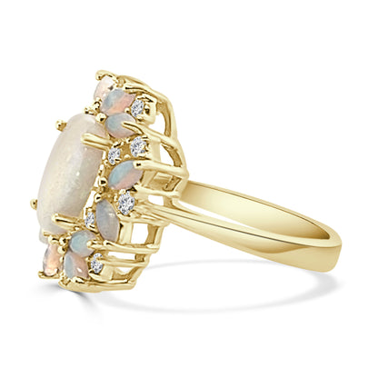 14K Yellow Gold Diamond and White Opal Ring with 2.20 Carats
