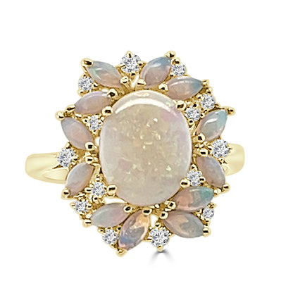 14K Yellow Gold Diamond and White Opal Ring with 2.20 Carats