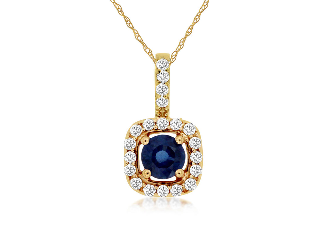 14K Yellow Gold Halo Diamond Bail Necklace with Blue Sapphire - Round Shape 0.35 ct