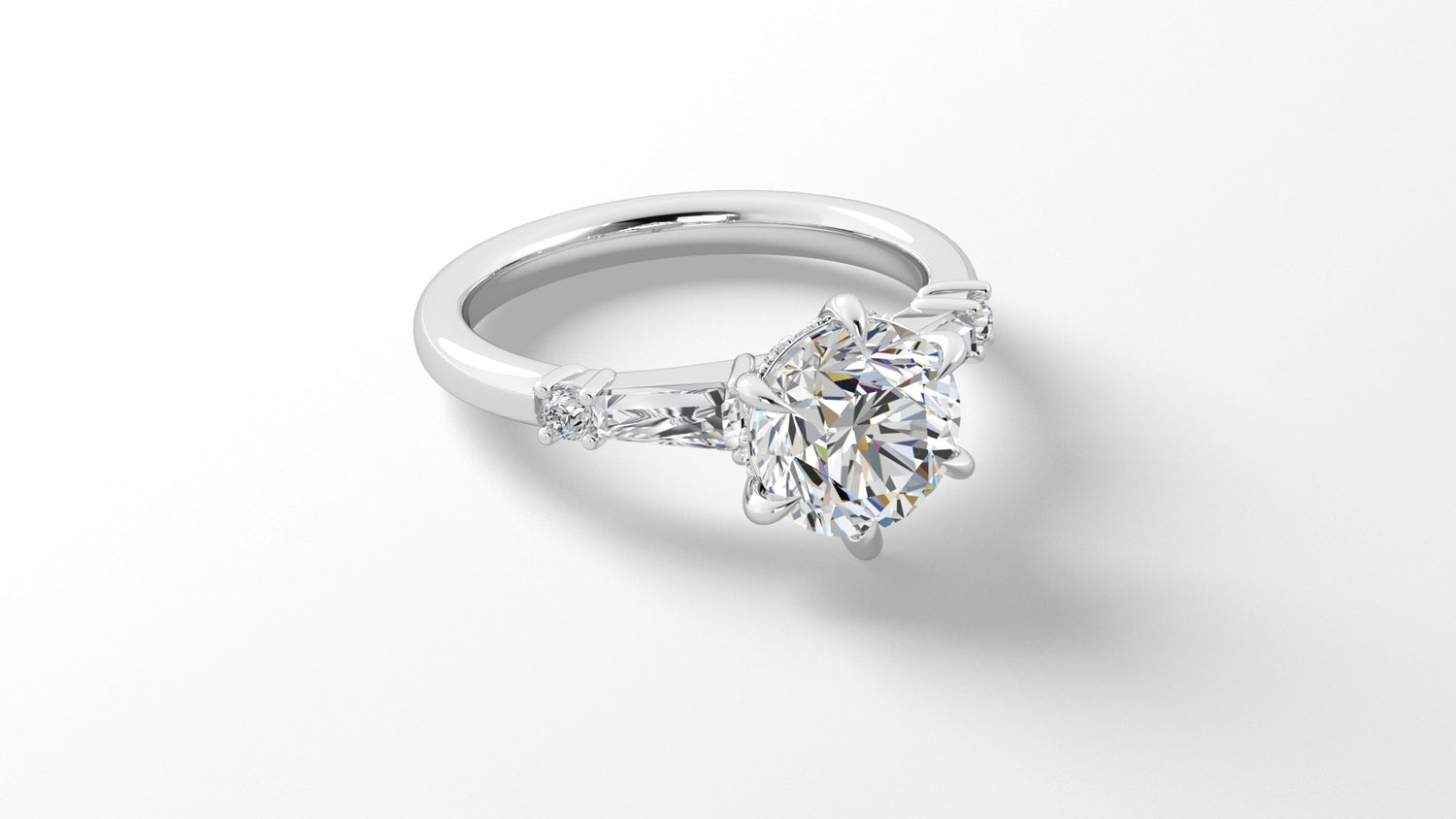 Platinum Hidden Halo Engagement Mounting with Round Brilliant Cut Diamonds and Tapered Baguettes
