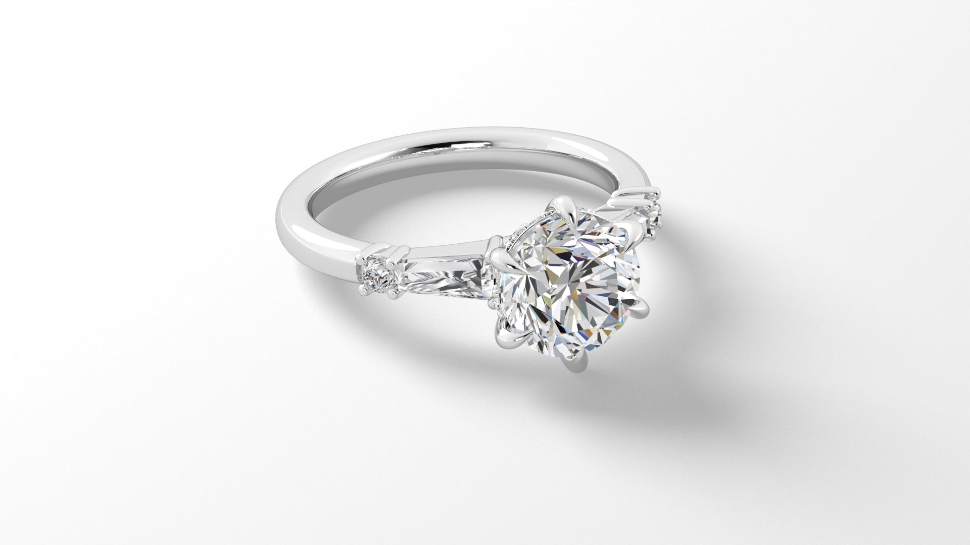 Platinum Hidden Halo Engagement Mounting with Round Brilliant Cut Diamonds and Tapered Baguettes