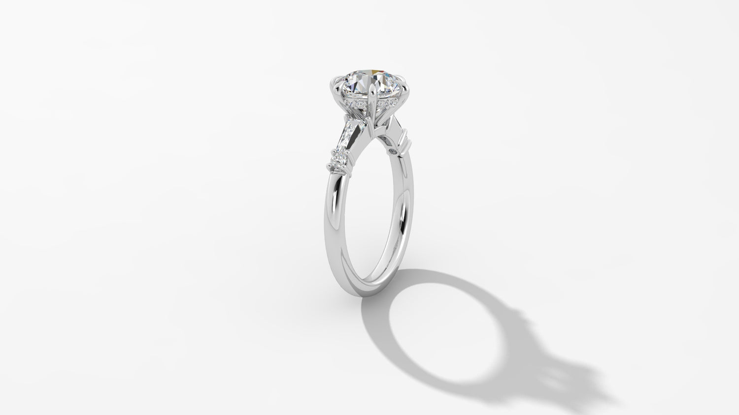 Platinum Hidden Halo Engagement Mounting with Round Brilliant Cut Diamonds and Tapered Baguettes