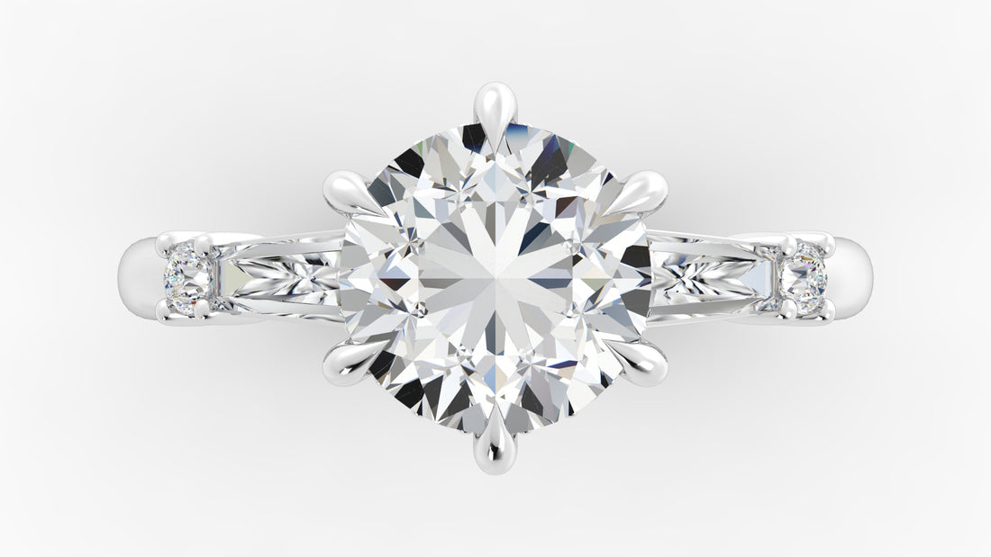 Platinum Hidden Halo Engagement Mounting with Round Brilliant Cut Diamonds and Tapered Baguettes
