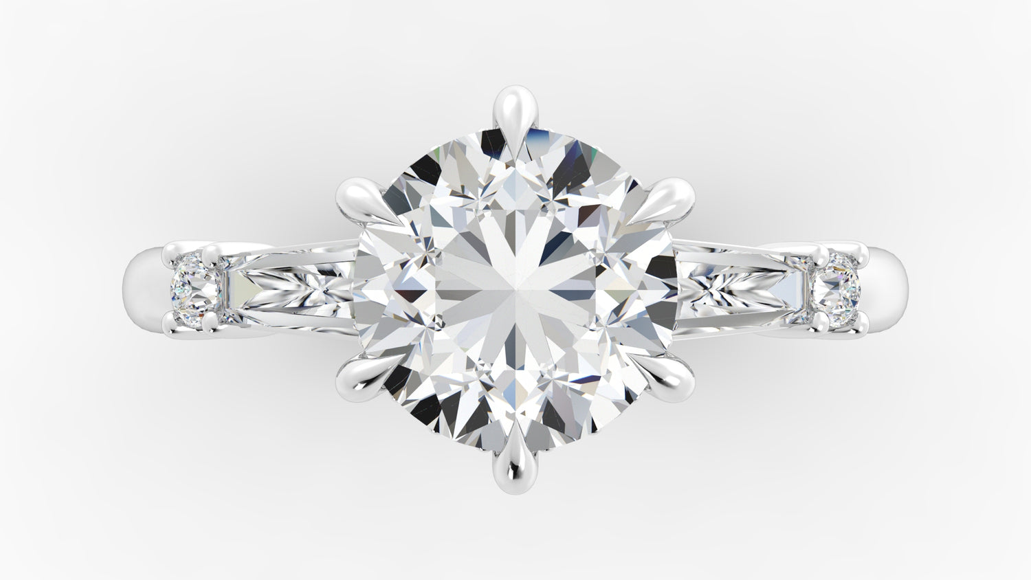 Platinum Hidden Halo Engagement Mounting with Round Brilliant Cut Diamonds and Tapered Baguettes