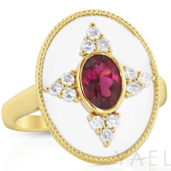 Regal Radiance: 14K Yellow Gold Oval Halo Ring with Rubellite and White Enamel Accent (0.64 ct)