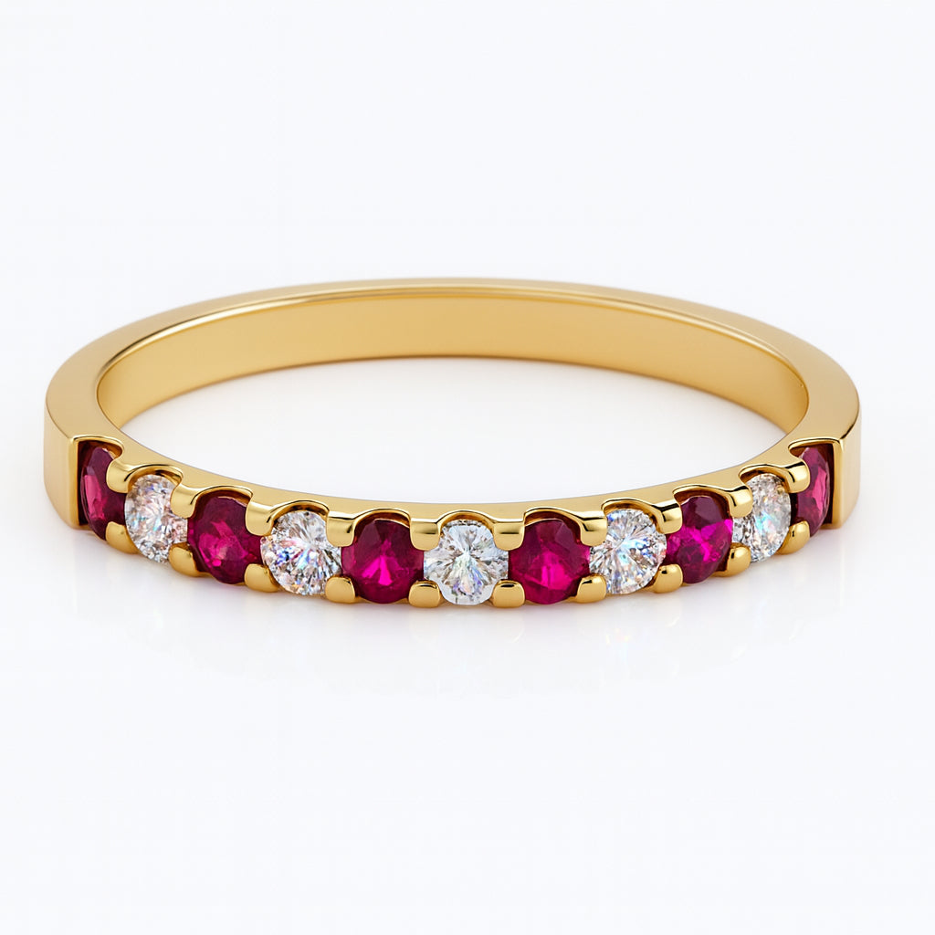 Round Ruby and Diamond Straight Band Ring in 14 Karat Yellow Gold (0.3 ct)