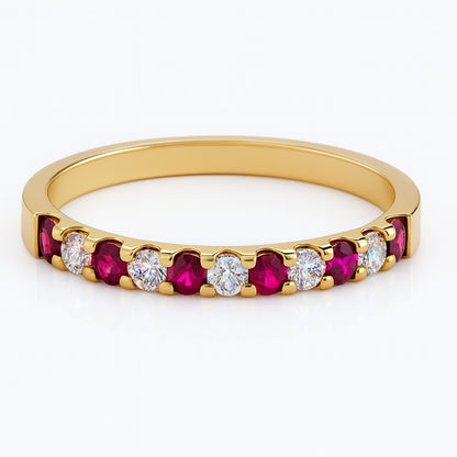 Round Ruby and Diamond Straight Band Ring in 14 Karat Yellow Gold (0.3 ct)