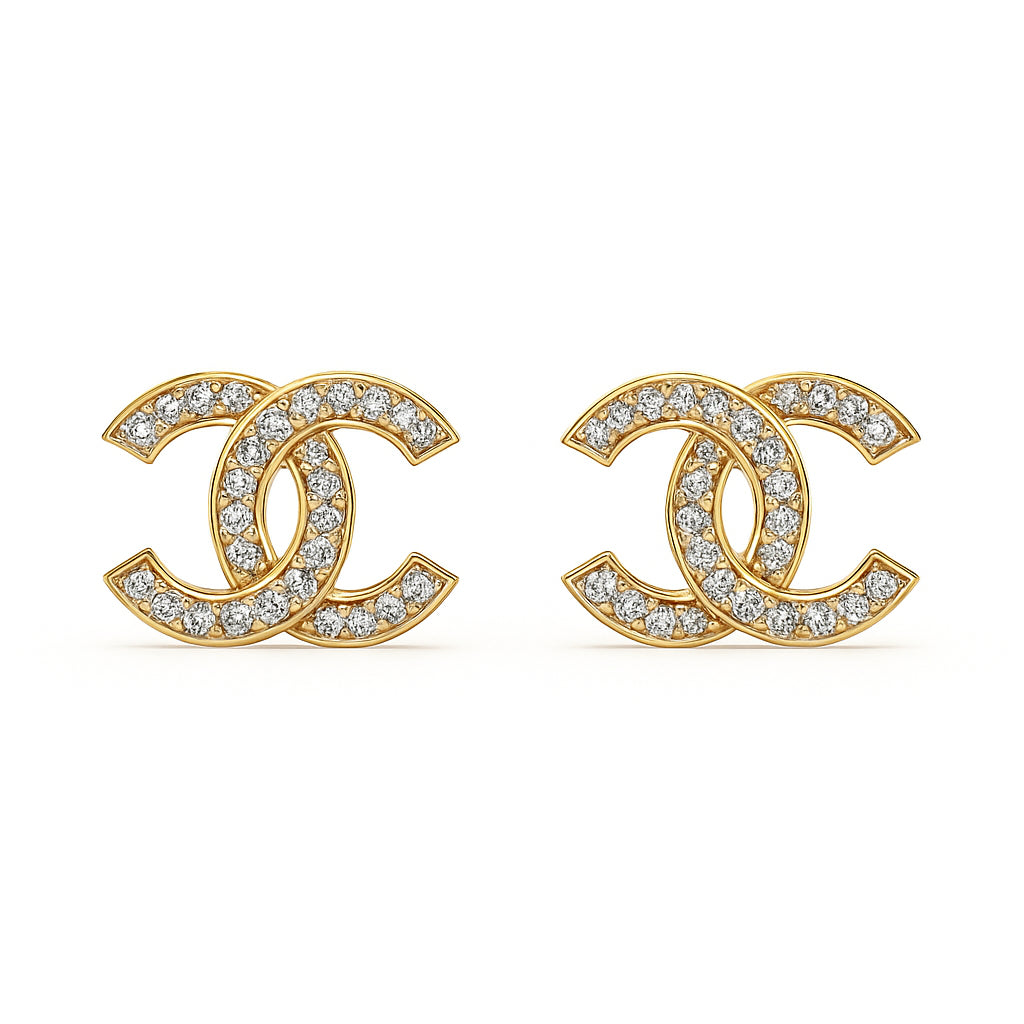 14K Yellow Gold Mirrored C Earrings with Natural Diamond, Round Shape 0.38