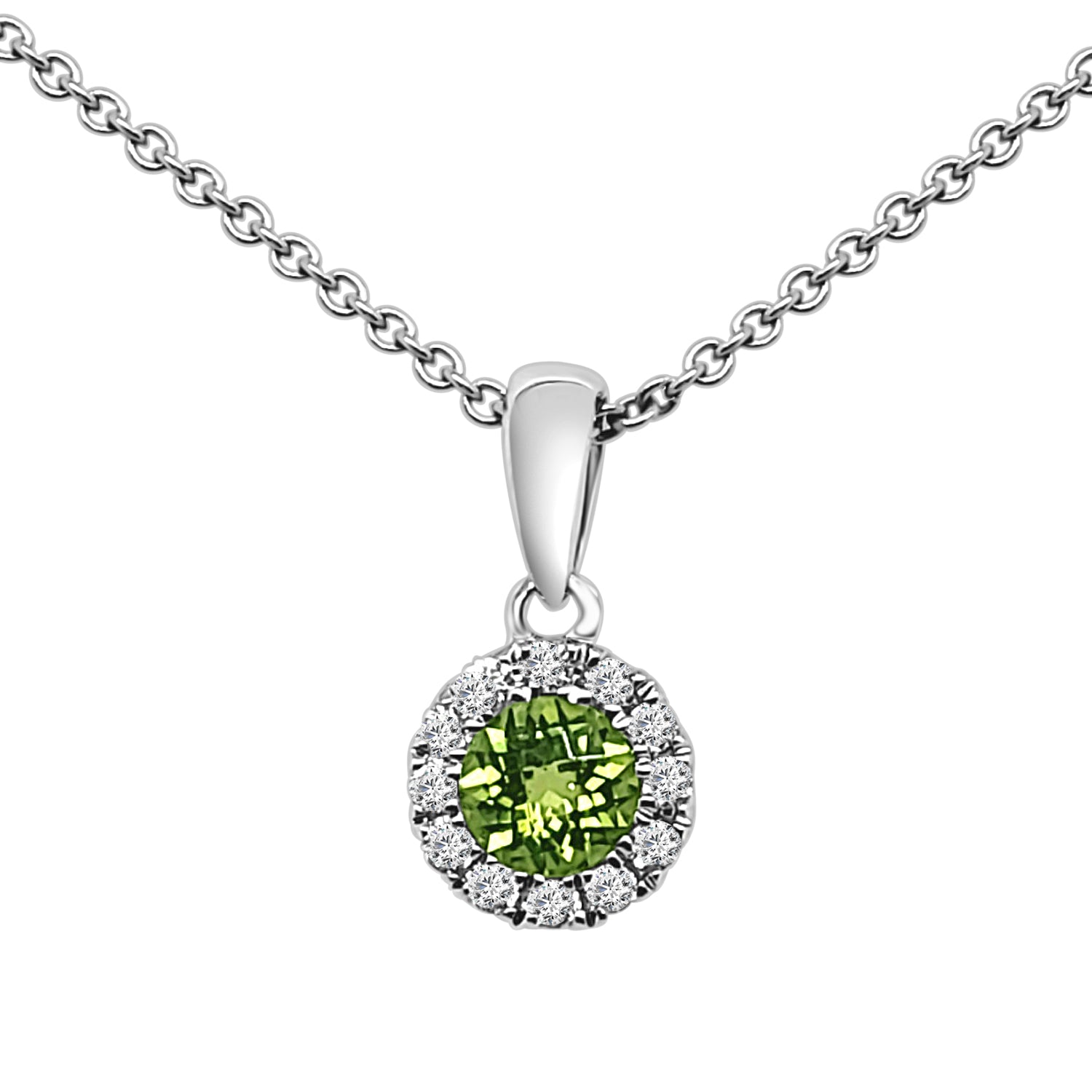 Peridot Round Halo Drop Necklace in 14 Karat White Gold - 0.31 Carats