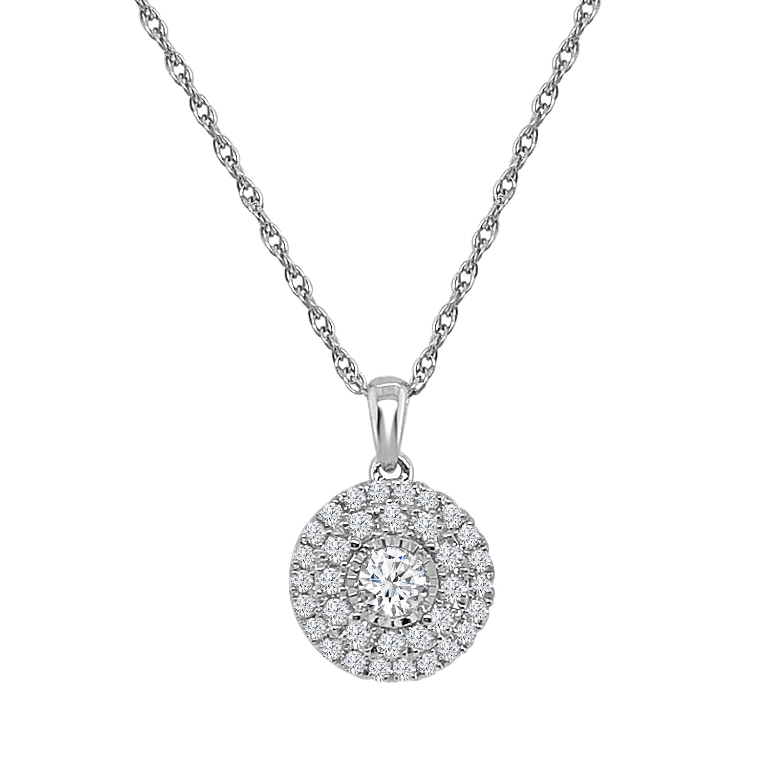 10K White Gold Illusion Double Halo Necklace with 0.50 ct Natural Diamond