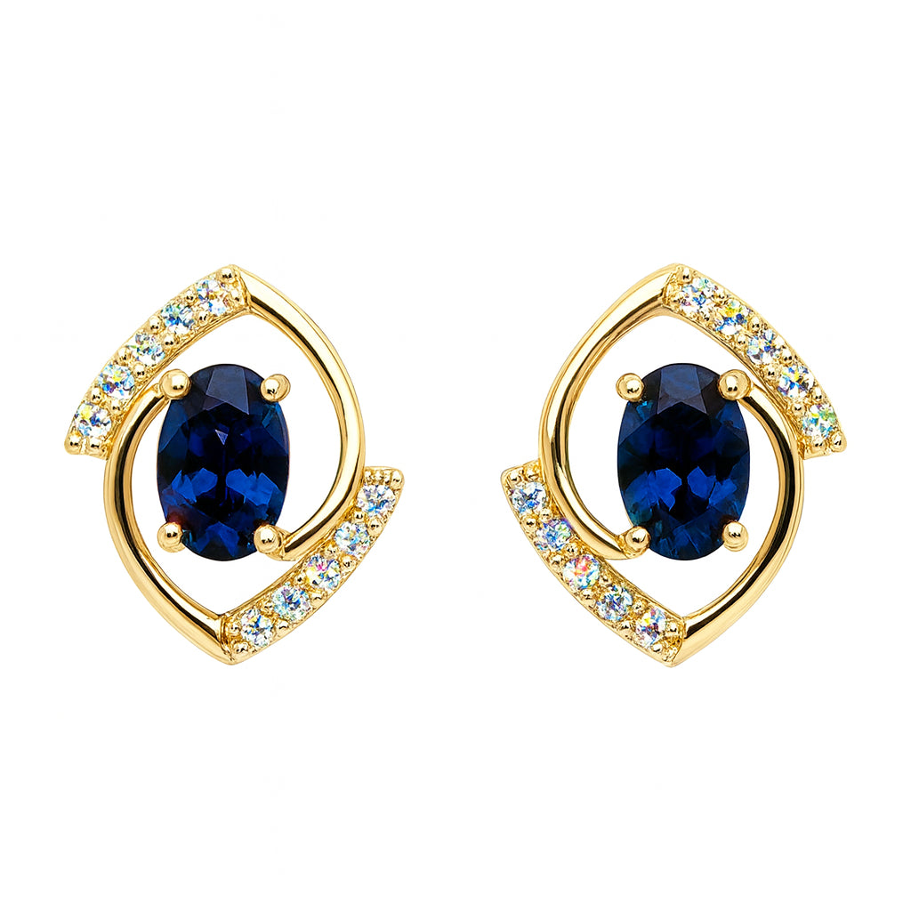 14K Yellow Gold Open Swirl Blue Sapphire Oval Earrings - 1.31 Carats